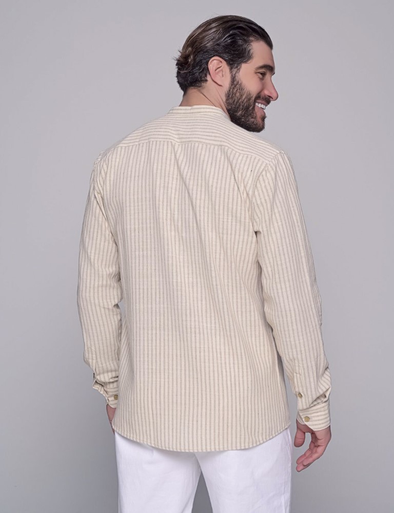 Ben Tailor ανδρικό βαμβακερό μπεζ ριγέ πουκάμισο με μάο γιακά 1284 φωτογραφία